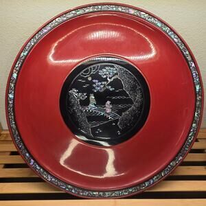 Antique Japanese Ryukyuan Lacquerware Plate Mother of Pearl Inlay Landscape